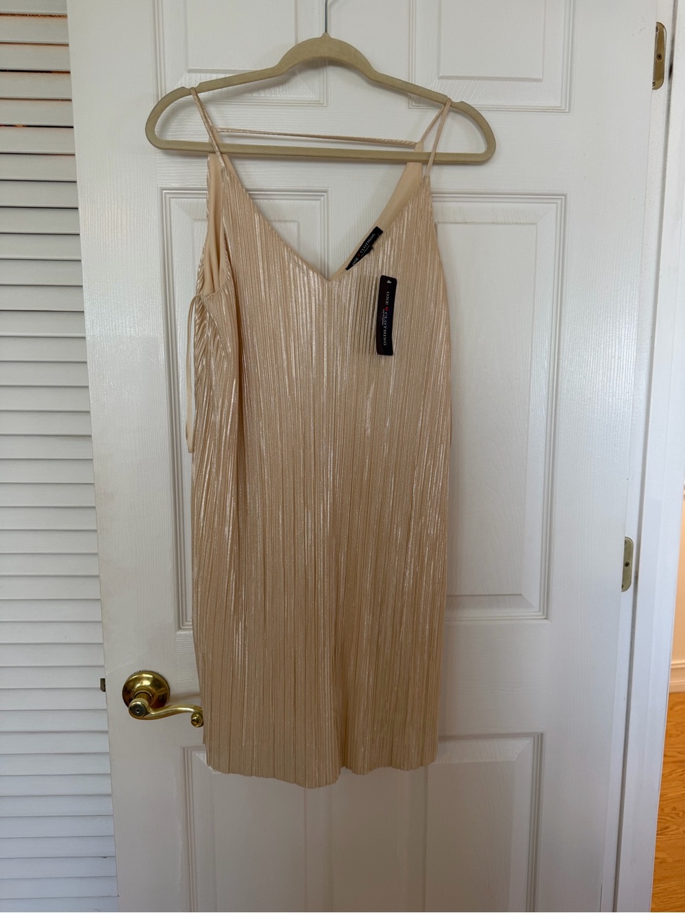 Pleated Spaghetti-Strap Mini Dress in Champagne Beige